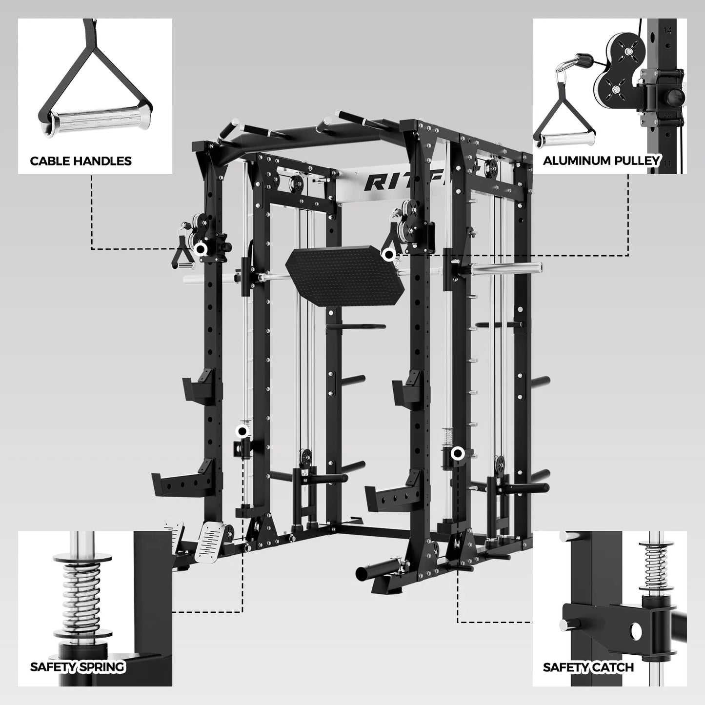 BUFFALO Multifunctional Smith Machine with Lat Pull down and Cable Crossover for Versatile Strength Training