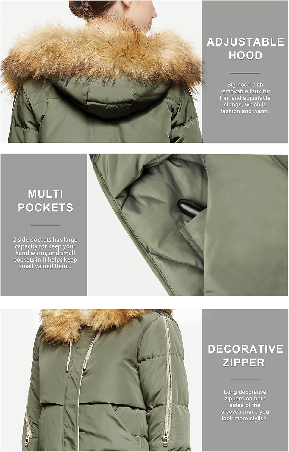 Women'S Thickened Mid-Length down Jacket with Removable Fur Hood Large Pockets