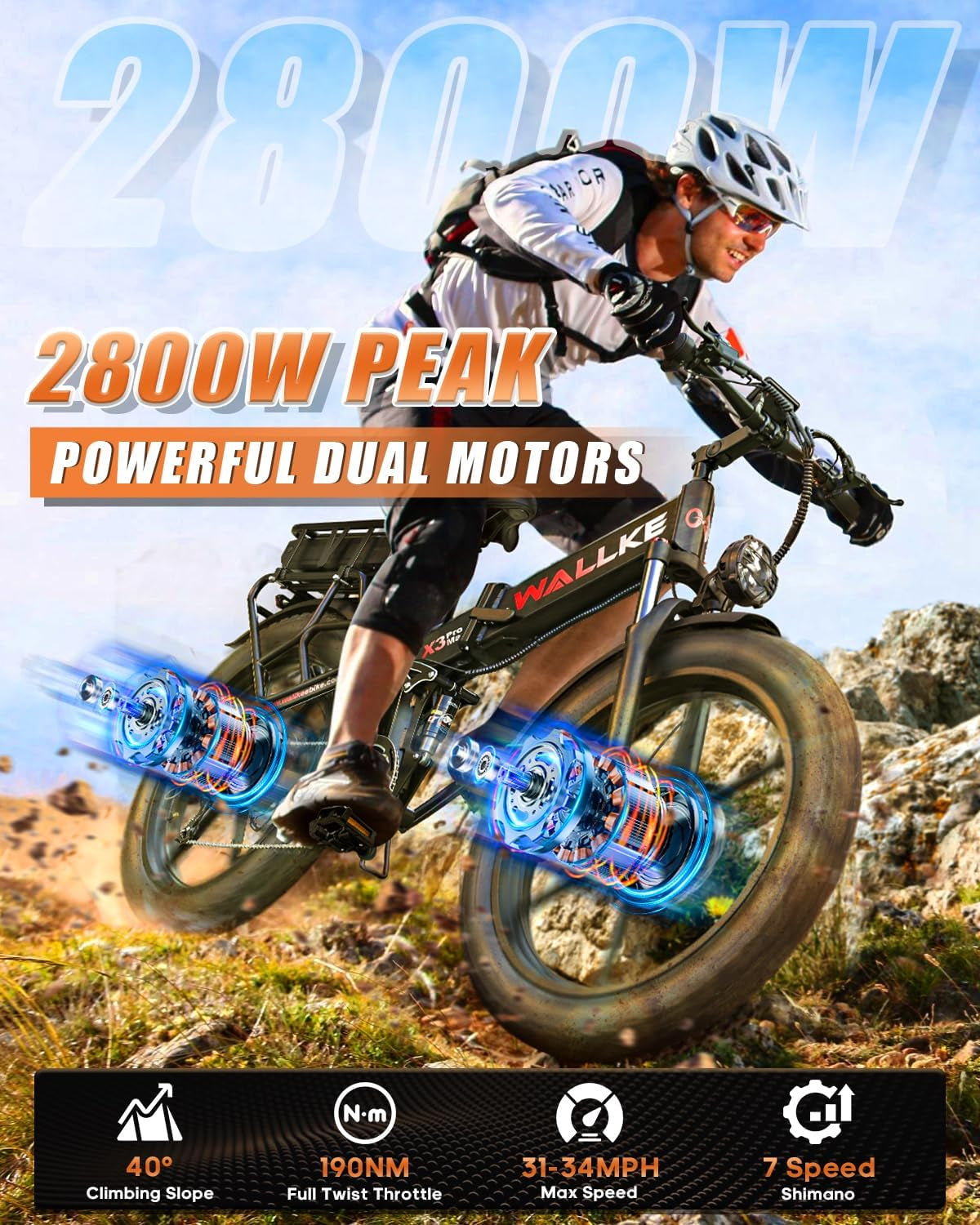 X3 Pro Electric Bike 2000W Dual Motor/1200W Full Suspension 1056WH Foldable 26 Inch Fat Tire Mountain Ebikes Adults 34-35MPH Fast Electric Bicycle APP Control/Smart Display