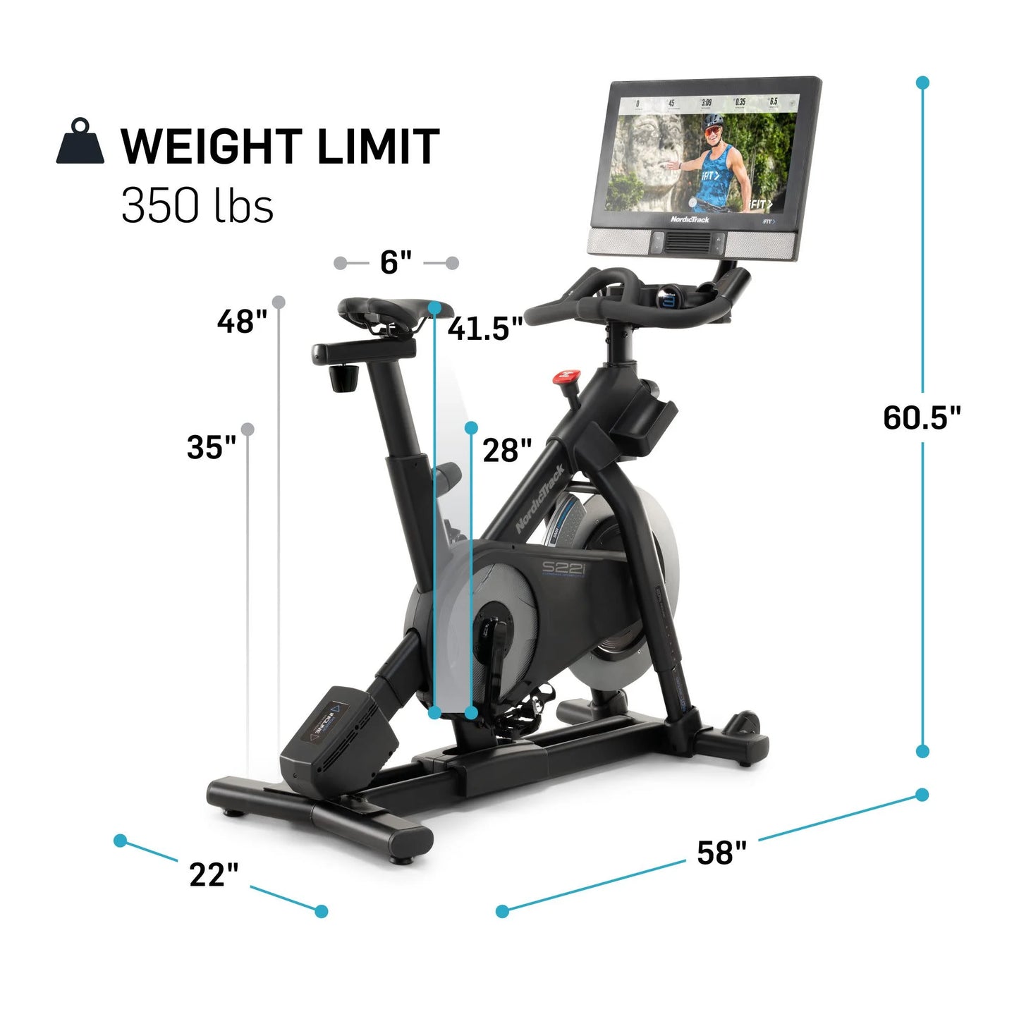 Commercial Series S22I; Ifit-Enabled Indoor Exercise Bike with 22 Inch Pivoting Touchscreen and Incline/Decline Functionality
