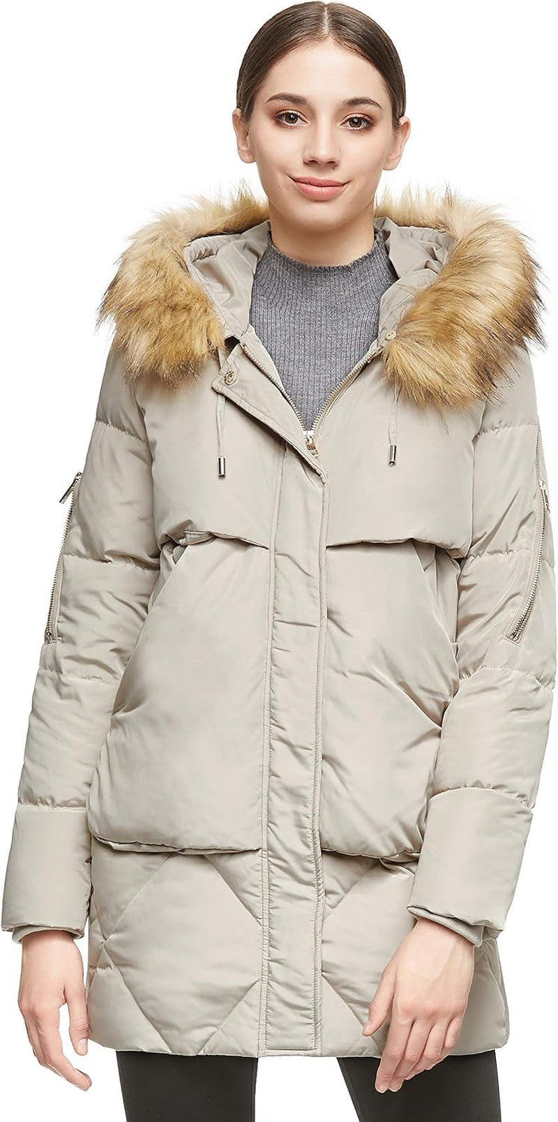 Women'S Thickened Mid-Length down Jacket with Removable Fur Hood Large Pockets