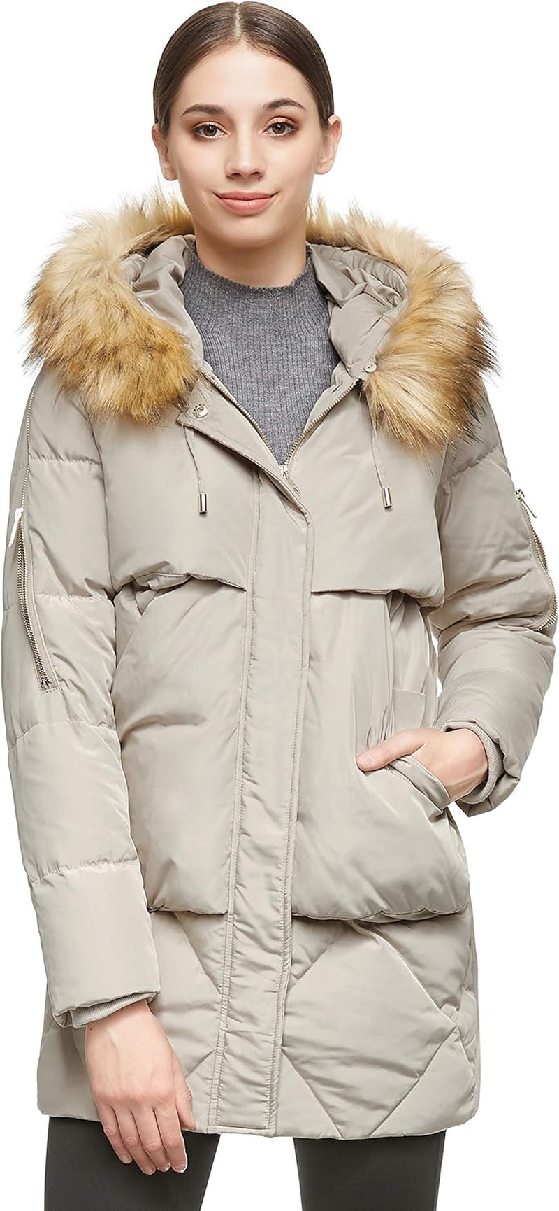 Women'S Thickened Mid-Length down Jacket with Removable Fur Hood Large Pockets