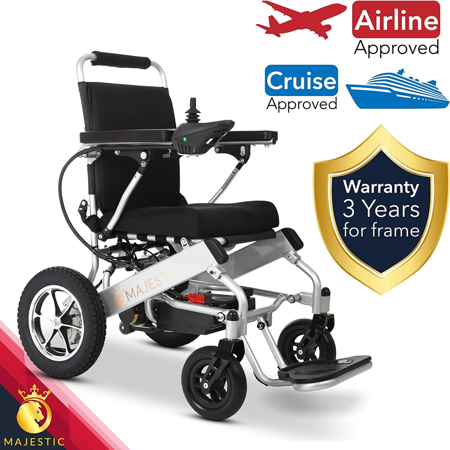 Majestic - 2022 Long Range Lightweight Electric Wheelchair - Remote Control Electric Wheelchairs Lightweight Foldable Motorized Power Wheel Chair Mobility Aid with Headrest (17.5" Seat Width)