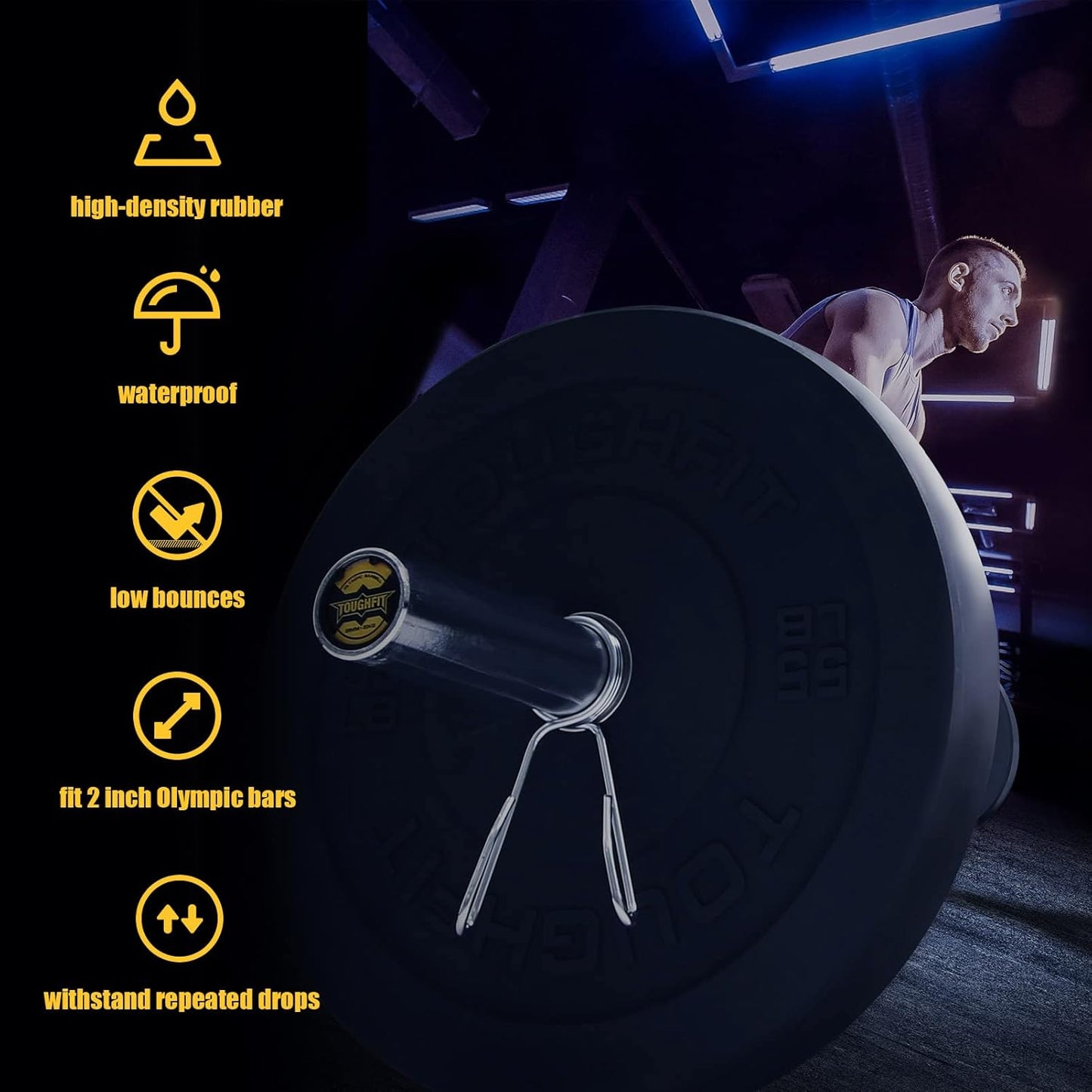 Bumper Plates with Steel Insert- Rubber 2 Inch Olympic Barbell Weightlifting Plates Set for Strength Training, Muscle Toning -Pure Black, Multi Option, Single, Pair, Set…