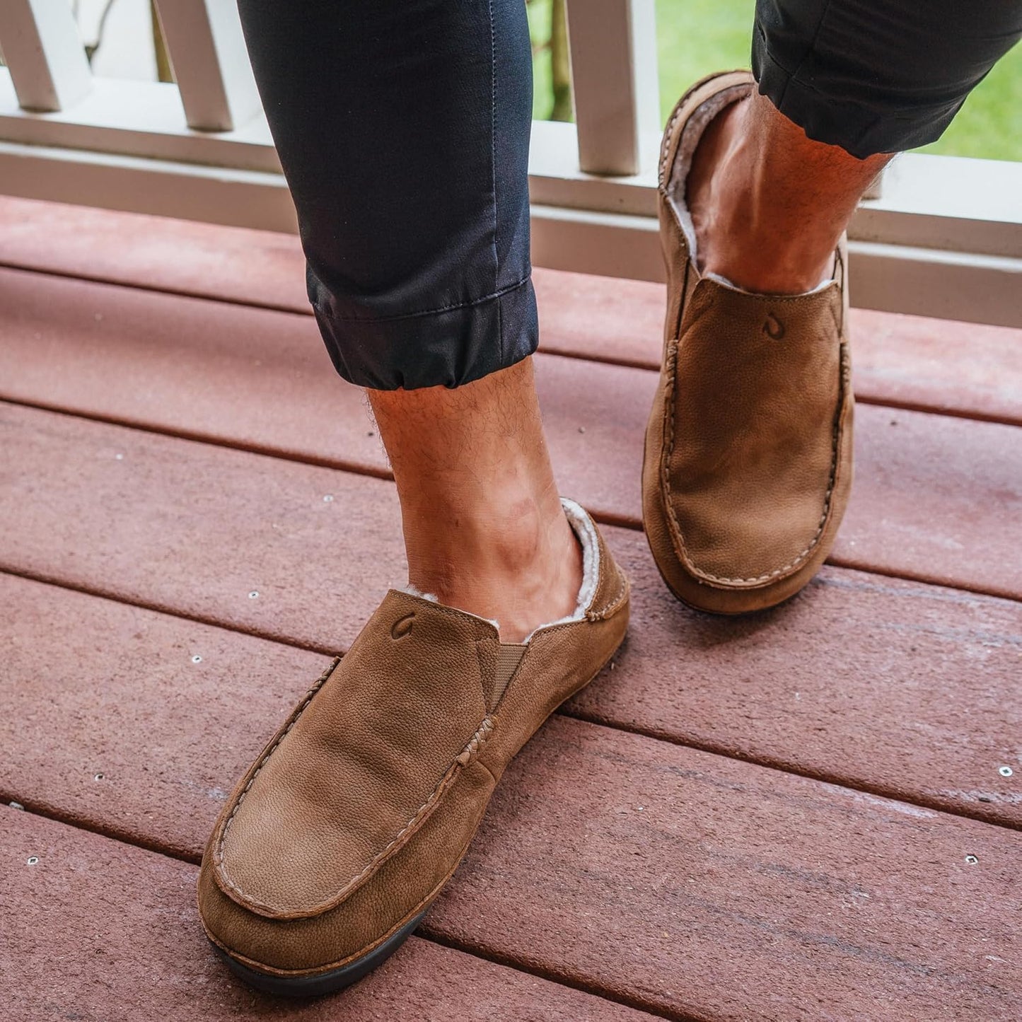Kipuka Hulu Men'S Leather Slippers, Premium Nubuck Leather Slip on Shoes, Shearling Lining & Gel Insert, Drop-In Heel Design