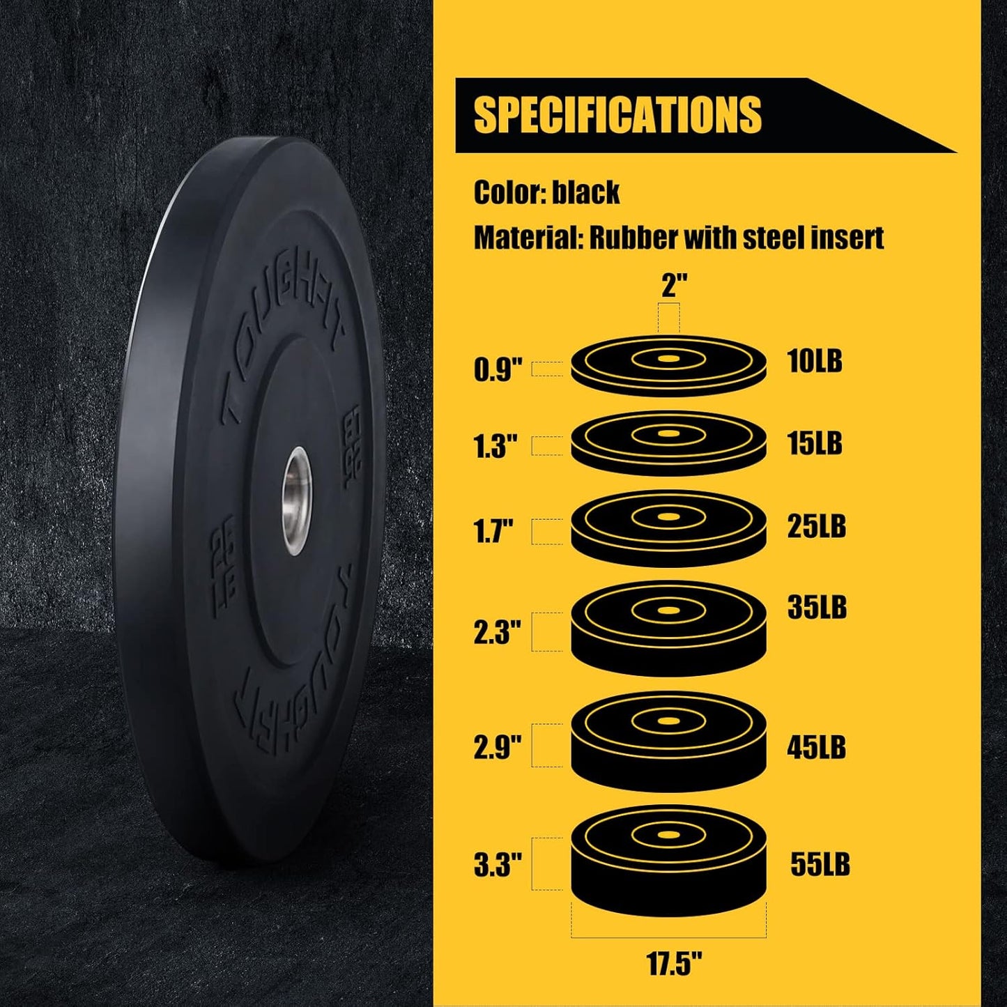 Bumper Plates with Steel Insert- Rubber 2 Inch Olympic Barbell Weightlifting Plates Set for Strength Training, Muscle Toning -Pure Black, Multi Option, Single, Pair, Set…