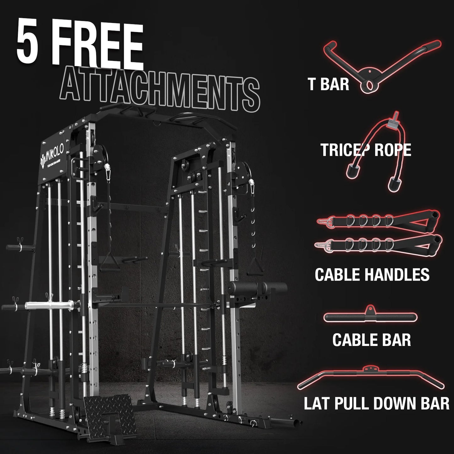 Smith Machine Home Gym, 2200 Lbs Power Rack Cage with Cable Crossover, Weight Bar, 360° Landmine, Barbell Holders and Other Attachments, Total Body Strength Training Cage