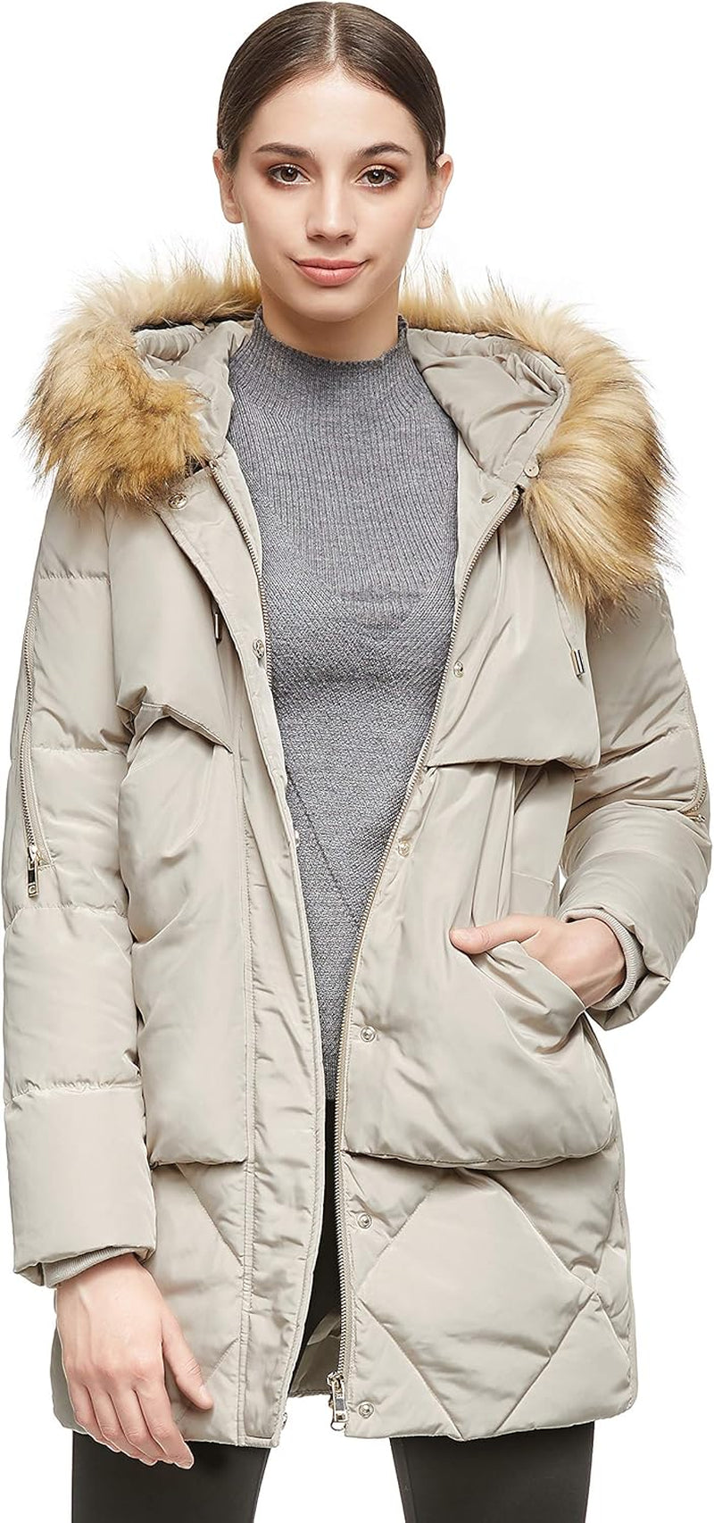Women'S Thickened Mid-Length down Jacket with Removable Fur Hood Large Pockets