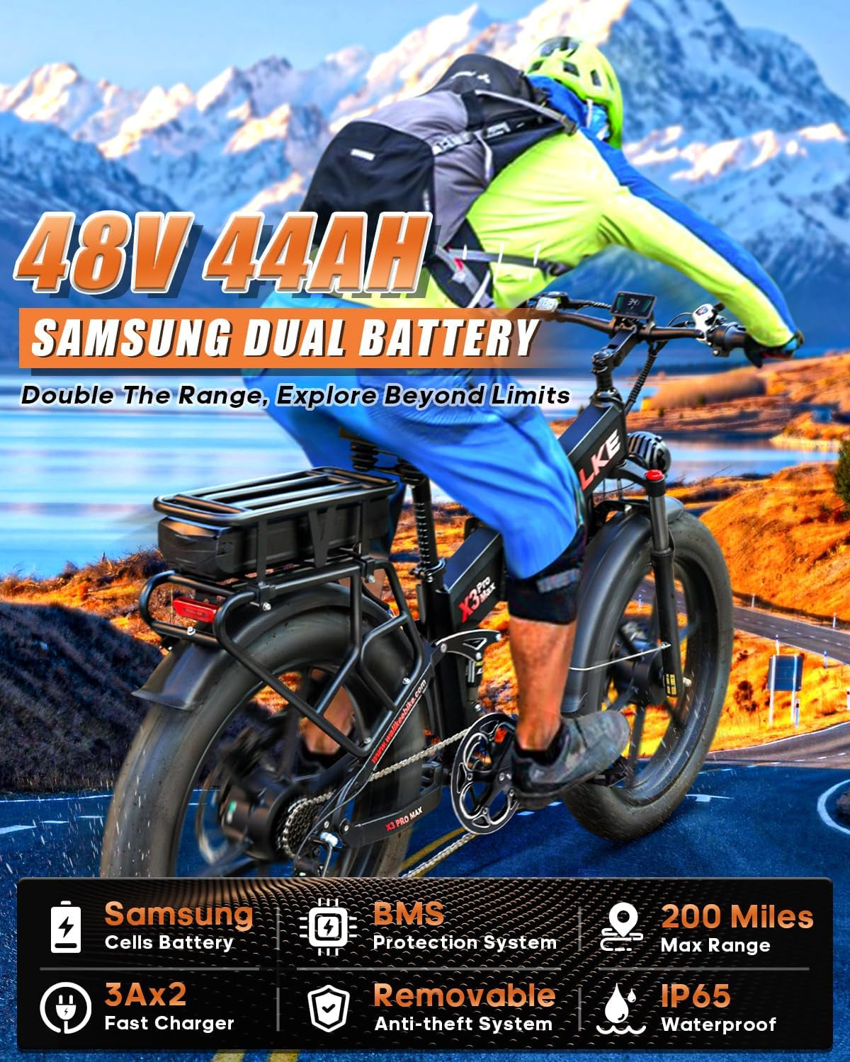X3 Pro Electric Bike 2000W Dual Motor/1200W Full Suspension 1056WH Foldable 26 Inch Fat Tire Mountain Ebikes Adults 34-35MPH Fast Electric Bicycle APP Control/Smart Display