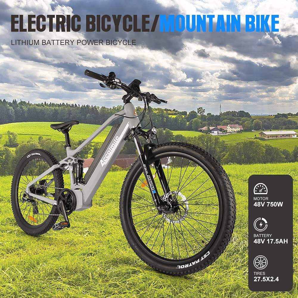 27.5" Electric Mountain Bike : Powerful Rocketbear 1S Ebike with 8Fun 48V 750W Mid Drive Motor & 17.5Ah Removable Battery, Gray MTB with Suspension Fork for Adult Man Woman