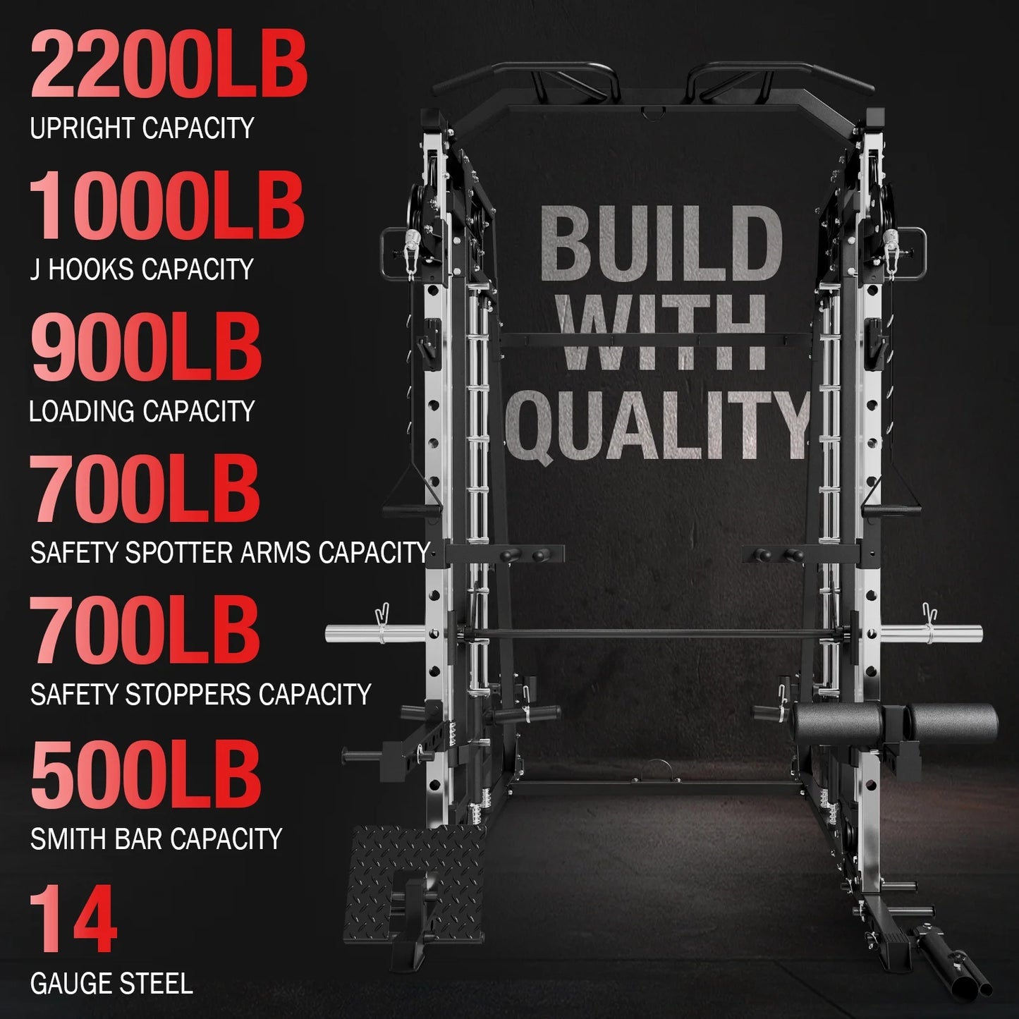 Smith Machine Home Gym, 2200 Lbs Power Rack Cage with Cable Crossover, Weight Bar, 360° Landmine, Barbell Holders and Other Attachments, Total Body Strength Training Cage