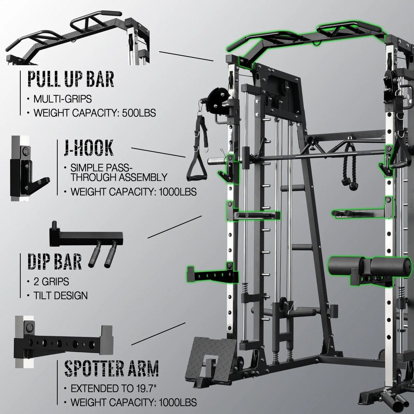 Smith Machine Home Gym, 2200 Lbs Power Rack Cage with 800 Lbs Weight Bench and Cable Crossover System, Weight Bar, 360° Landmine, Home Gym