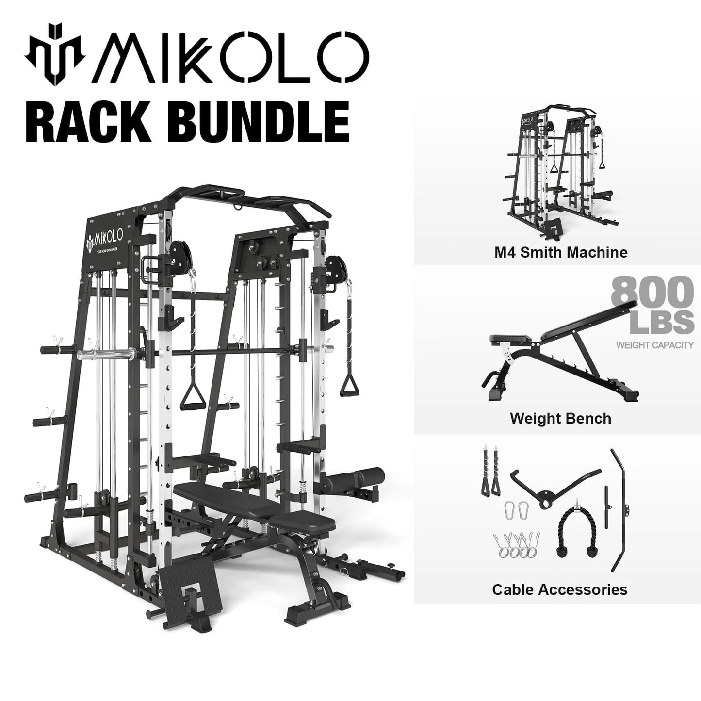Smith Machine Home Gym, 2200 Lbs Power Rack Cage with 800 Lbs Weight Bench and Cable Crossover System, Weight Bar, 360° Landmine, Home Gym