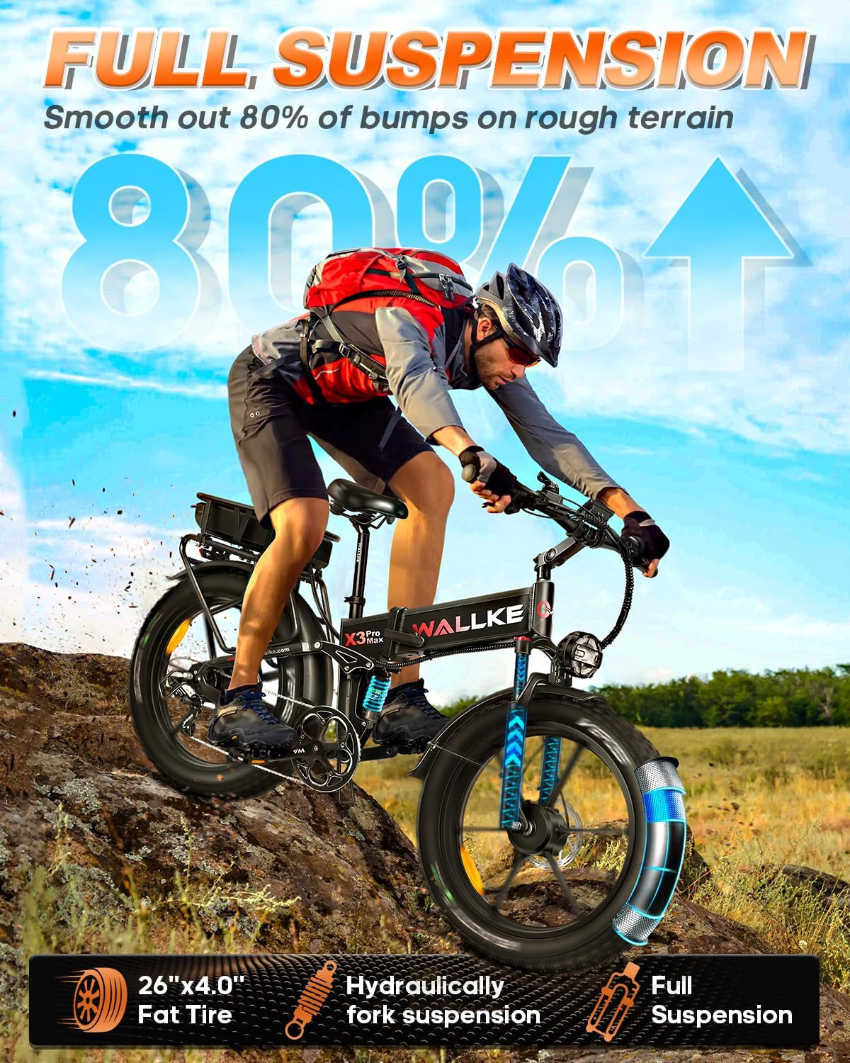 X3 Pro Electric Bike 2000W Dual Motor/1200W Full Suspension 1056WH Foldable 26 Inch Fat Tire Mountain Ebikes Adults 34-35MPH Fast Electric Bicycle APP Control/Smart Display