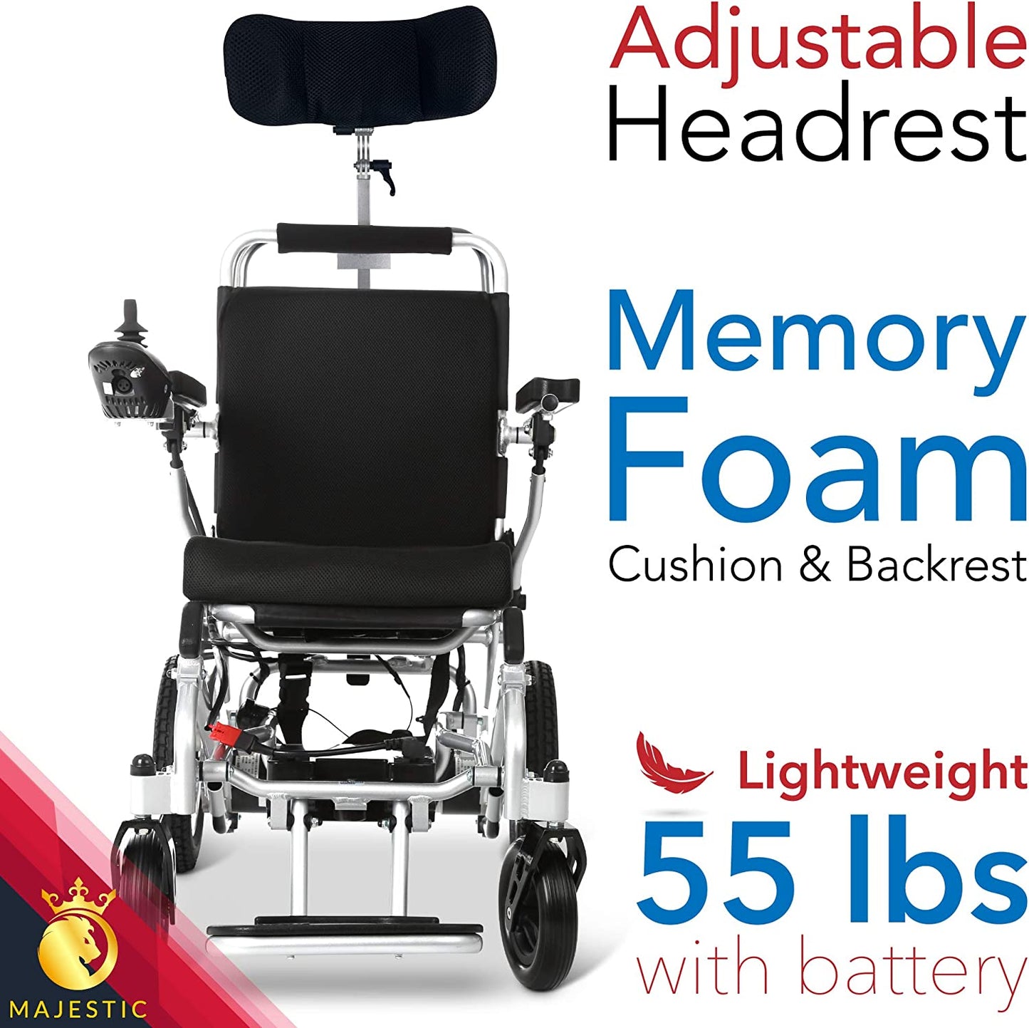 Majestic - 2022 Long Range Lightweight Electric Wheelchair - Remote Control Electric Wheelchairs Lightweight Foldable Motorized Power Wheel Chair Mobility Aid with Headrest (17.5" Seat Width)