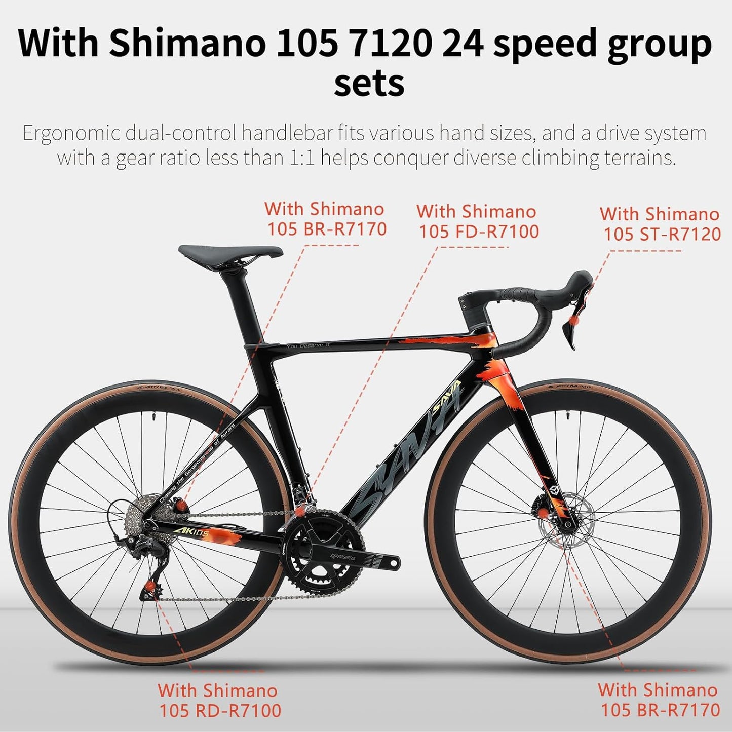 Carbon Fibre Road Bike, Hydraulic Oil Disc Bike with Carbon Fibre Frame and Wheelset, Lightweight Full Carbon Fibre Racing Bike with 105 R7120 24S Shift Set for Adults