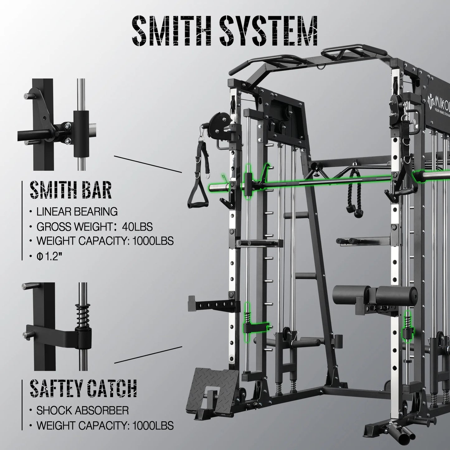 Smith Machine Home Gym, 2200 Lbs Power Rack Cage with 800 Lbs Weight Bench and Cable Crossover System, Weight Bar, 360° Landmine, Home Gym