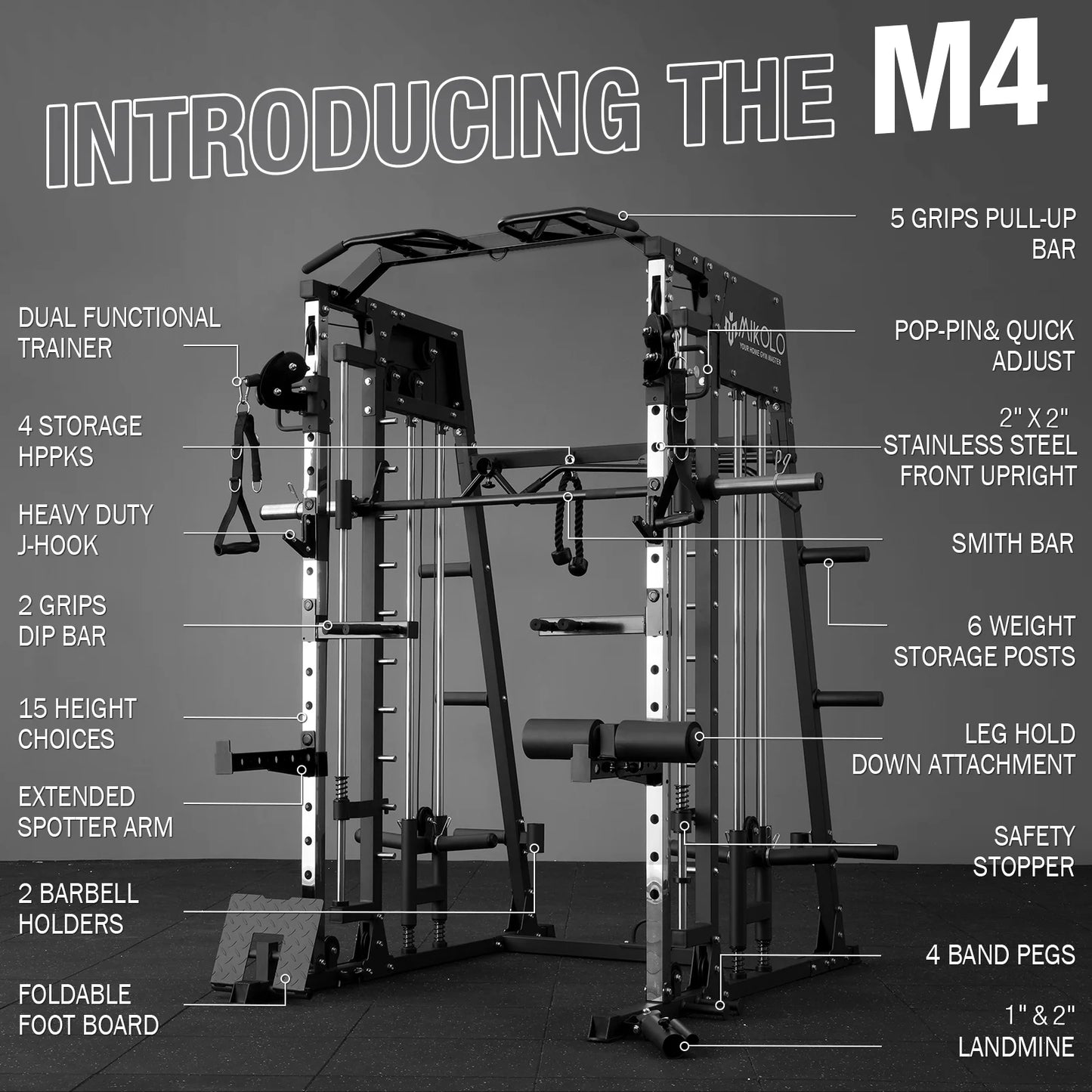 Smith Machine Home Gym, 2200 Lbs Power Rack Cage with 800 Lbs Weight Bench and Cable Crossover System, Weight Bar, 360° Landmine, Home Gym