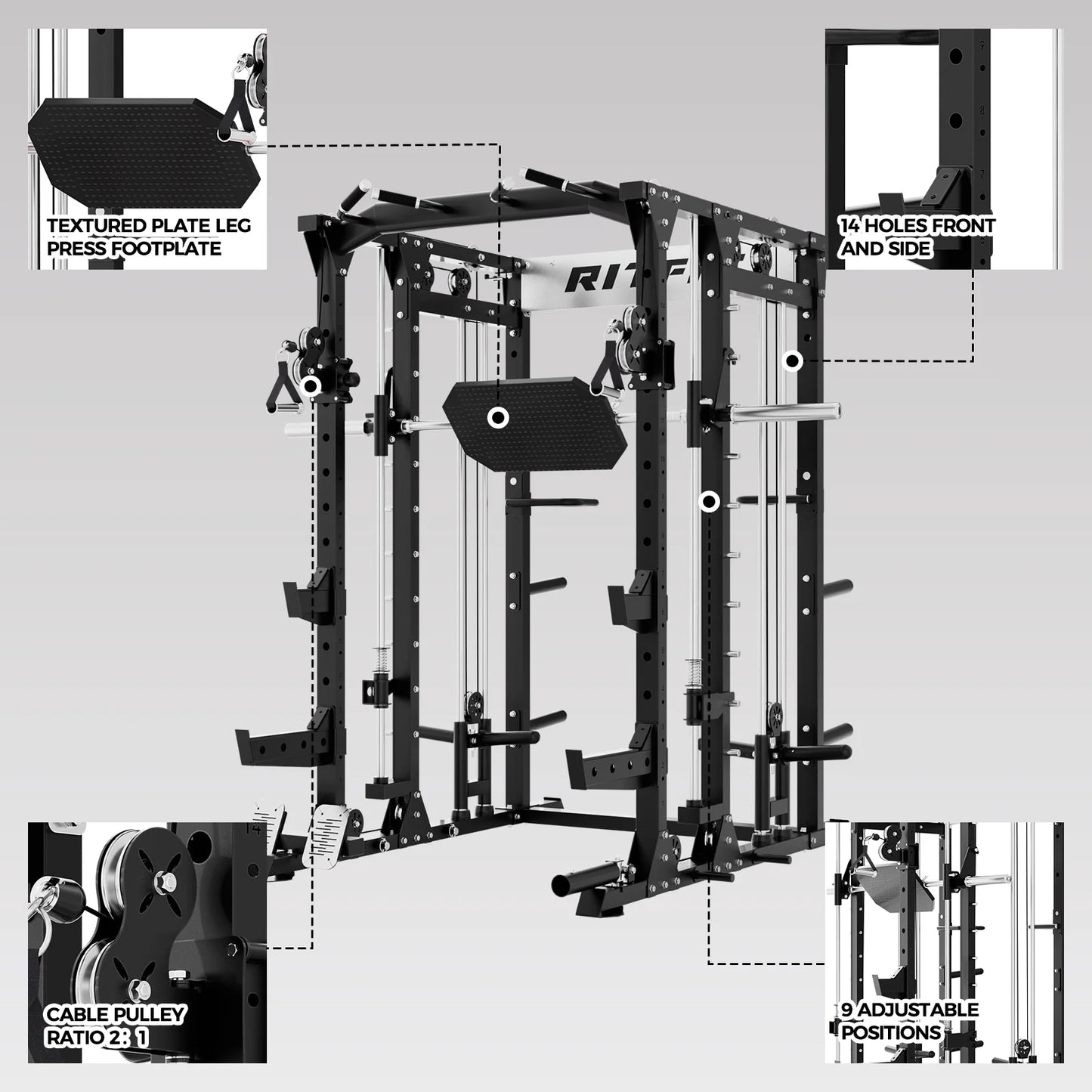 BUFFALO Multifunctional Smith Machine with Lat Pull down and Cable Crossover for Versatile Strength Training