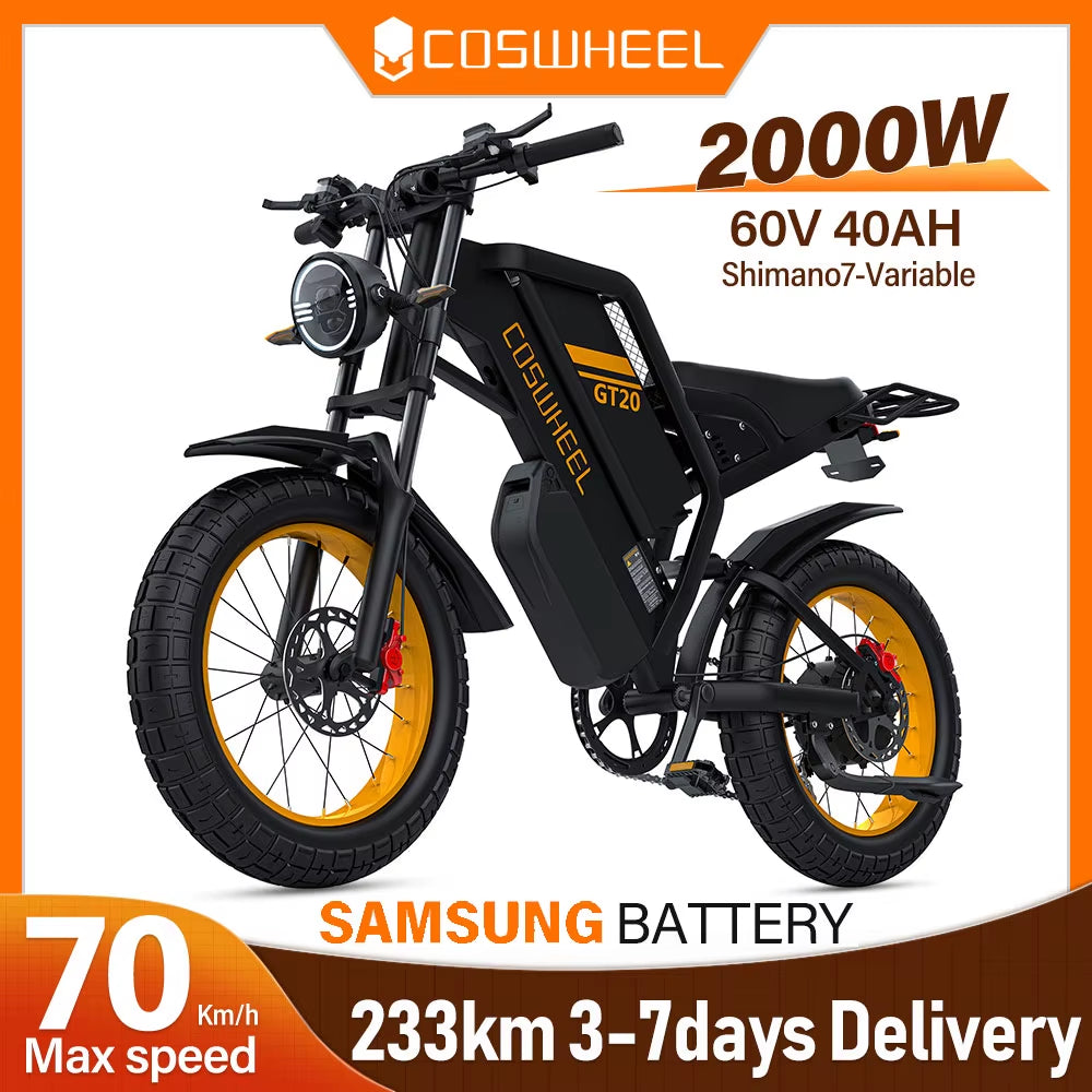 GT20 MAX EBIKE 2000W 60V 40Ah Fat Tire Powerful Electric Bike SAMSUNG BATTERY CELL Dual BATTERY Adult Mountain Ebike