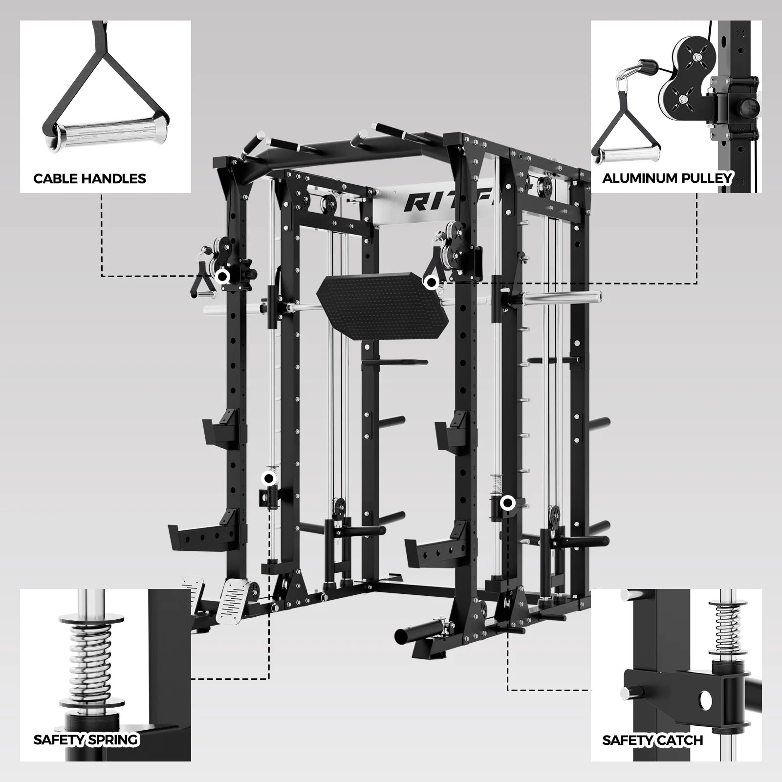 BUFFALO Multifunctional Smith Machine with Lat Pull down and Cable Crossover for Versatile Strength Training