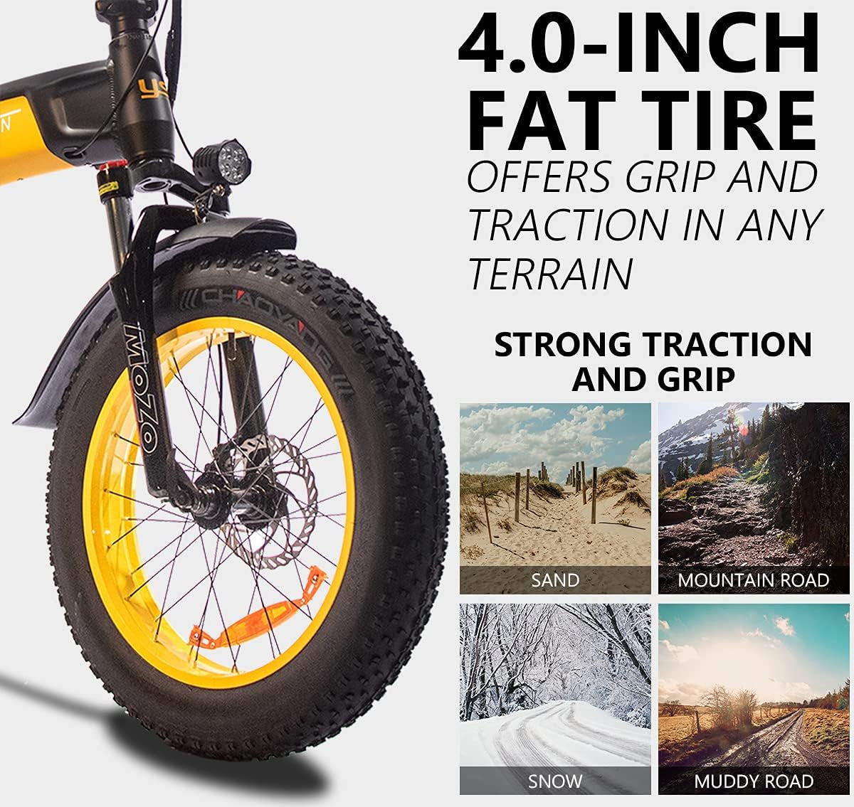 Leopard 1000W Fat Tire Electric Bike for Adults 48V/14Ah Removable Battery 20“ 4.0 Fat Tire Electric Bike Snow Beach Mountain Folding Ebike for Adults Black Yellow