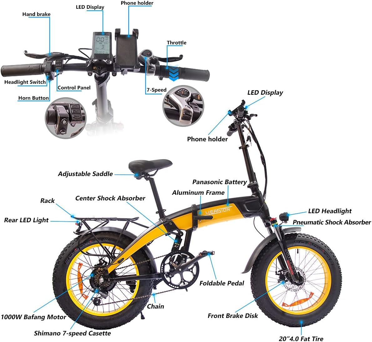 Leopard Folding Electric Bike 1000W Motor 48V/14Ah Removable Battery 20“ 4.0 Fat Tire Electric Bike Snow Beach Mountain Ebike for Adults Black Yellow