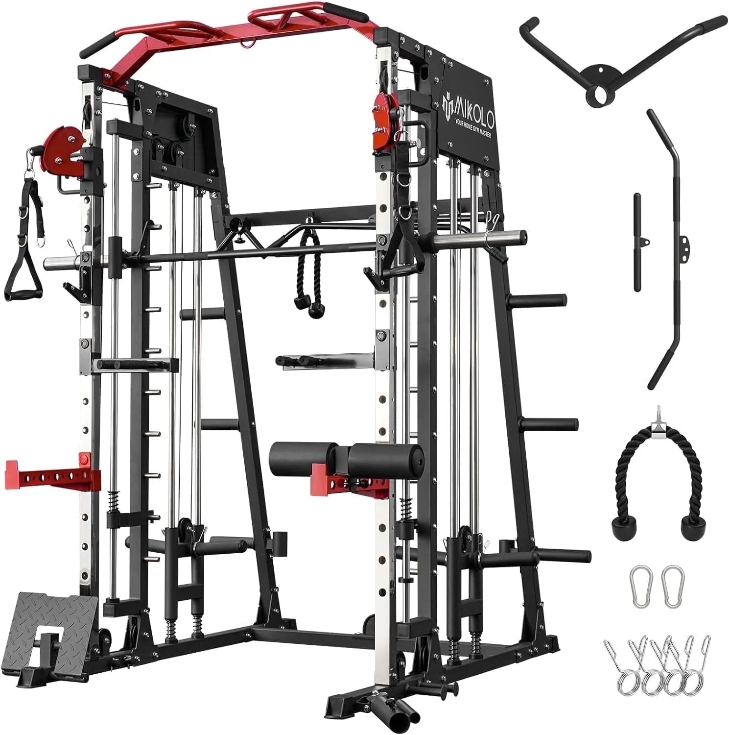 Smith Machine Home Gym, 2200 Lbs Power Rack Cage with Cable Crossover, Weight Bar, 360° Landmine, Barbell Holders and Other Attachments, Total Body Strength Training Cage