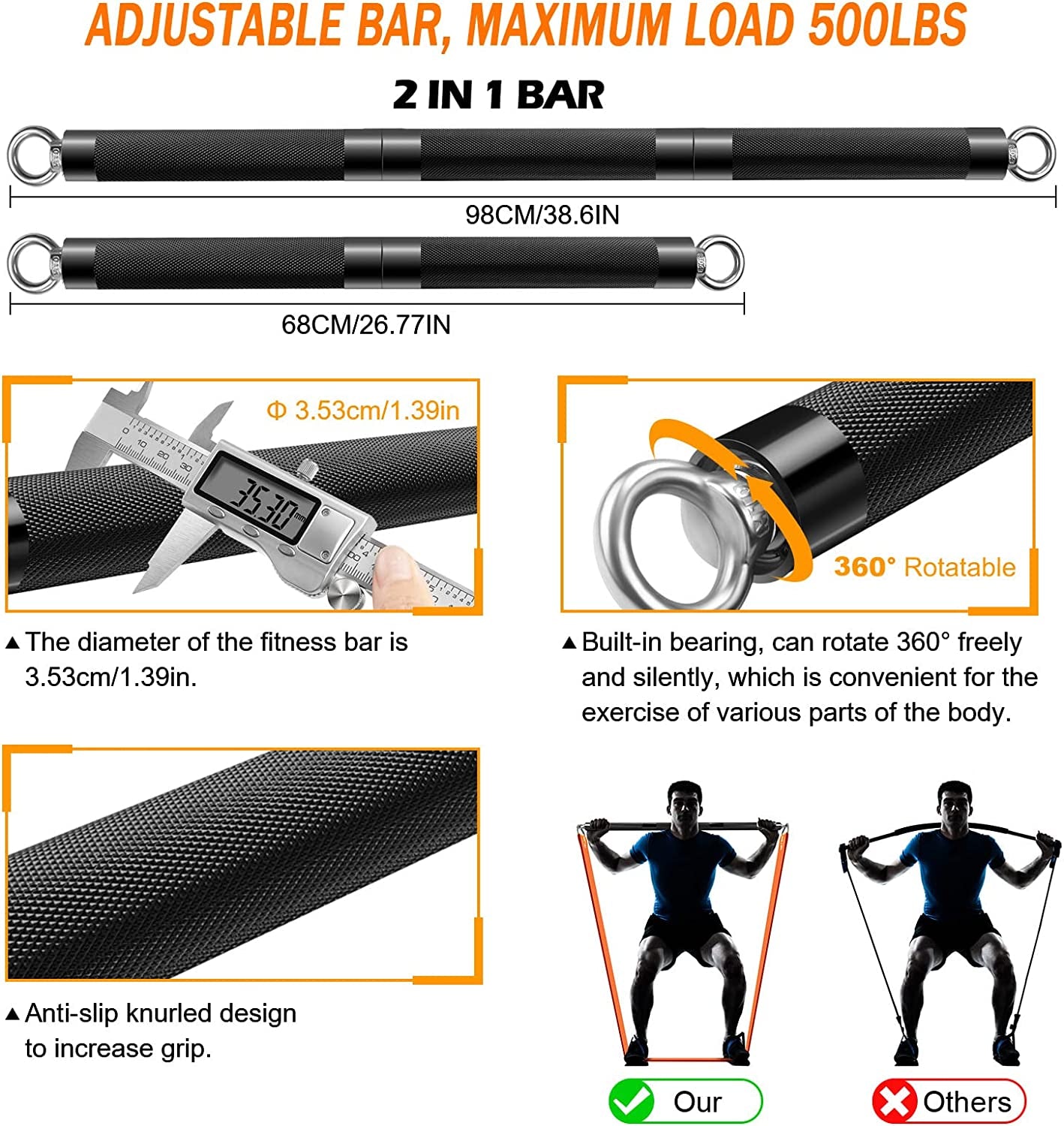 Resistance Band Bar Set Portable Full Body 500LBS Extra Heavy Home Gym with 4 Levels Resistance Bands, 2 in 1 Adjustable Bar and Gym Bag