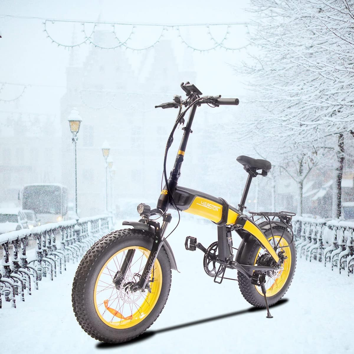 Leopard Folding Electric Bike 1000W Motor 48V/14Ah Removable Battery 20“ 4.0 Fat Tire Electric Bike Snow Beach Mountain Ebike for Adults Black Yellow