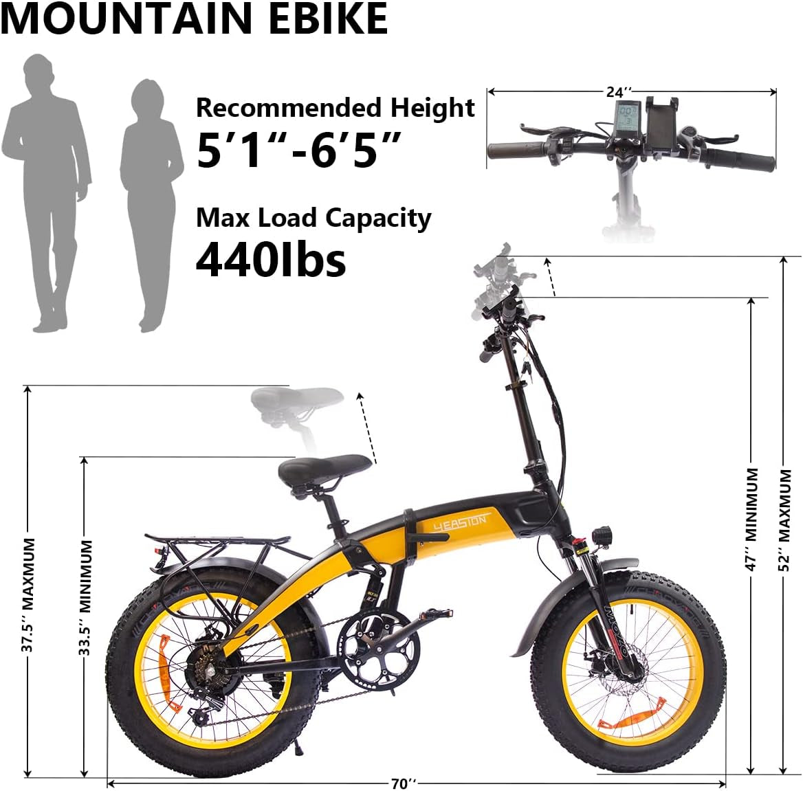 Leopard 1000W Fat Tire Electric Bike for Adults 48V/14Ah Removable Battery 20“ 4.0 Fat Tire Electric Bike Snow Beach Mountain Folding Ebike for Adults Black Yellow