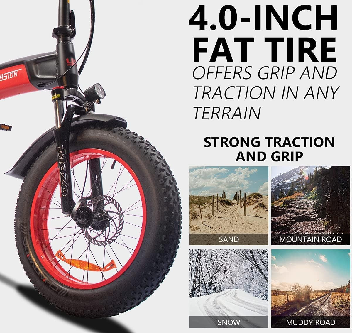 Leopard 1000W Fat Tire Electric Bike for Adults 48V/14Ah Removable Battery 20“ 4.0 Fat Tire Electric Bike Snow Beach Mountain Folding Ebike Black Red