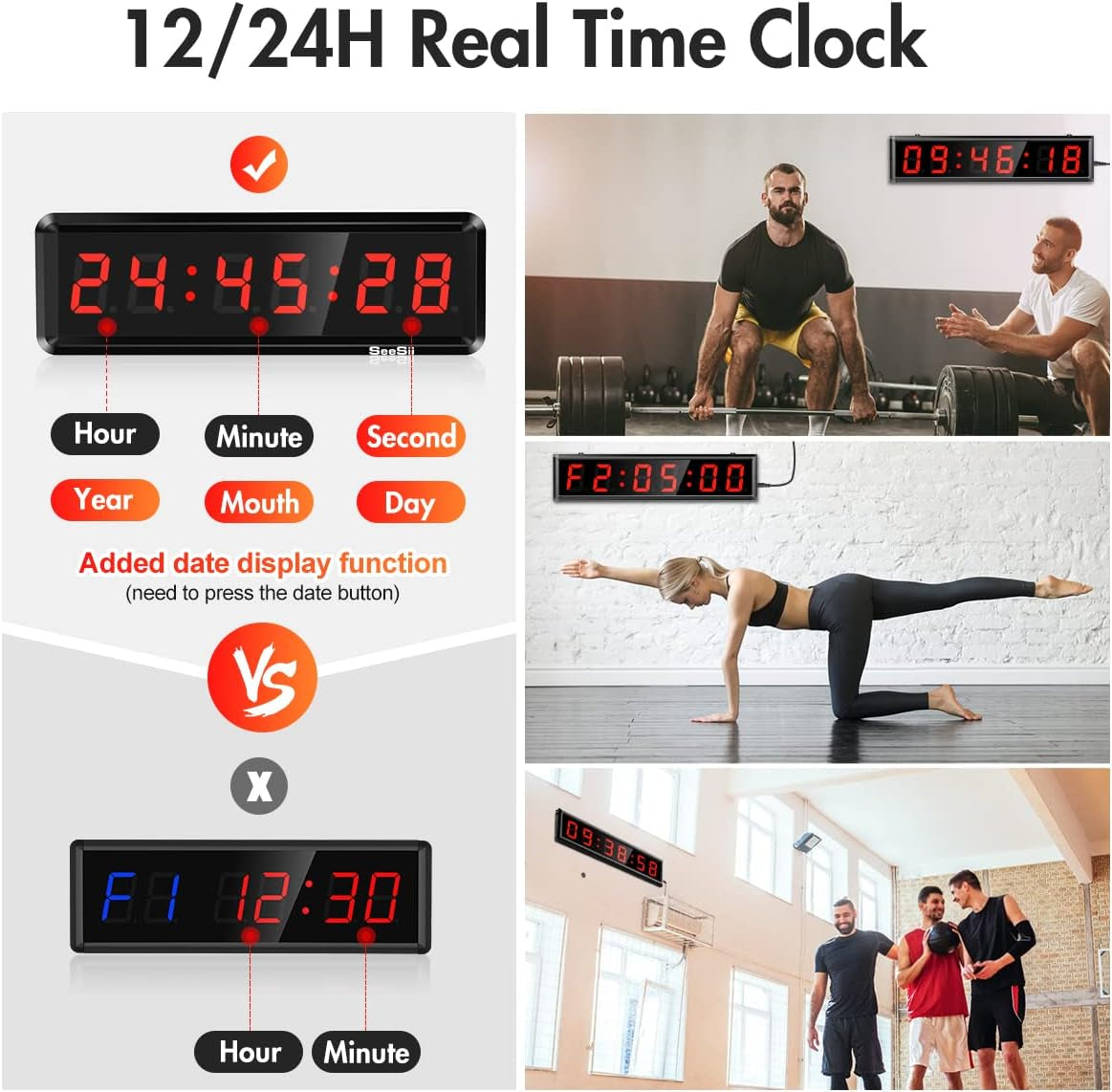 Gym Timer,Led Workout Colck Count Down/Up Clock,11.5" X 4" Ultra-Clear Digital Display, Power Bank Compatible with Workout Metal Stopwatch, Multi-Scenes with Remote