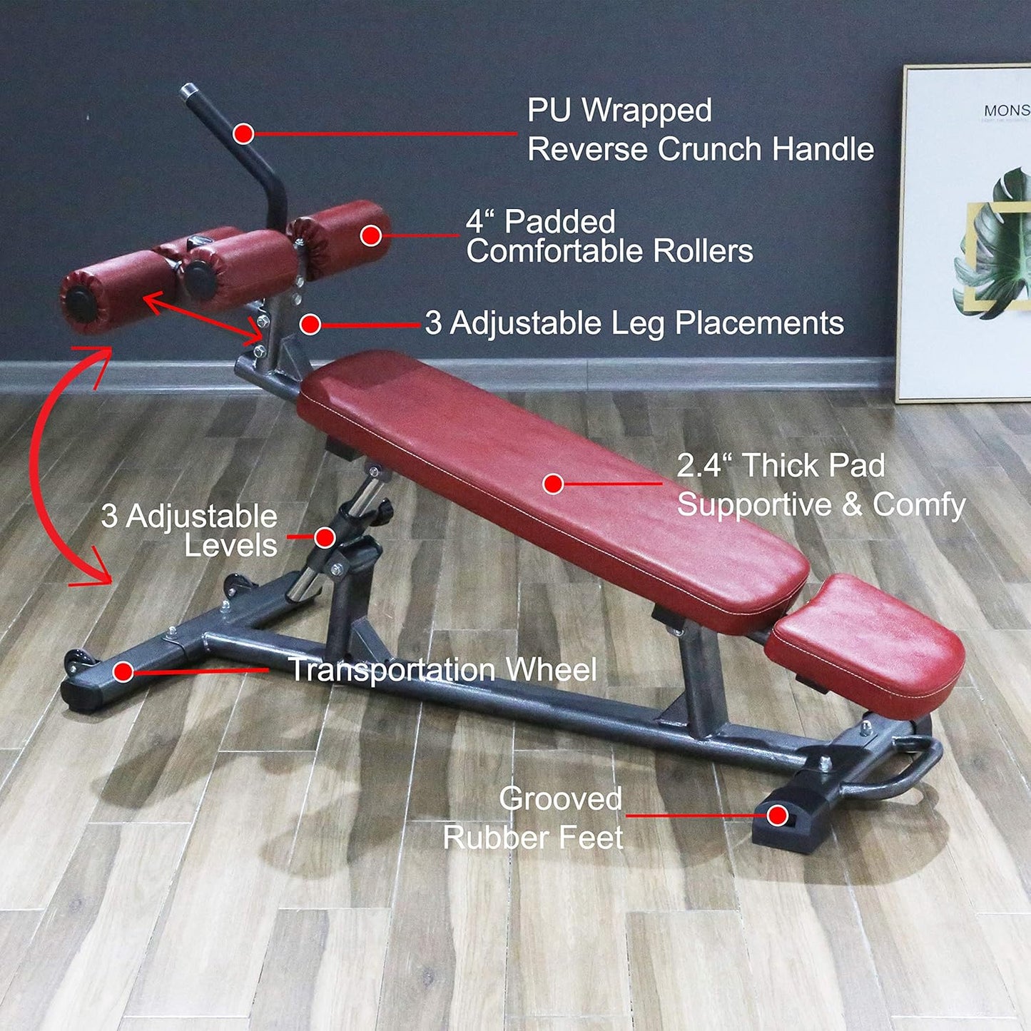 Finer Form Semi-Commercial Sit-Up Bench for Core Workouts and Decline Bench Press. Adjustable Weight Bench with Reverse Crunch Handle with 4 Adjustable Height Settings. Great Ab Workout Equipment