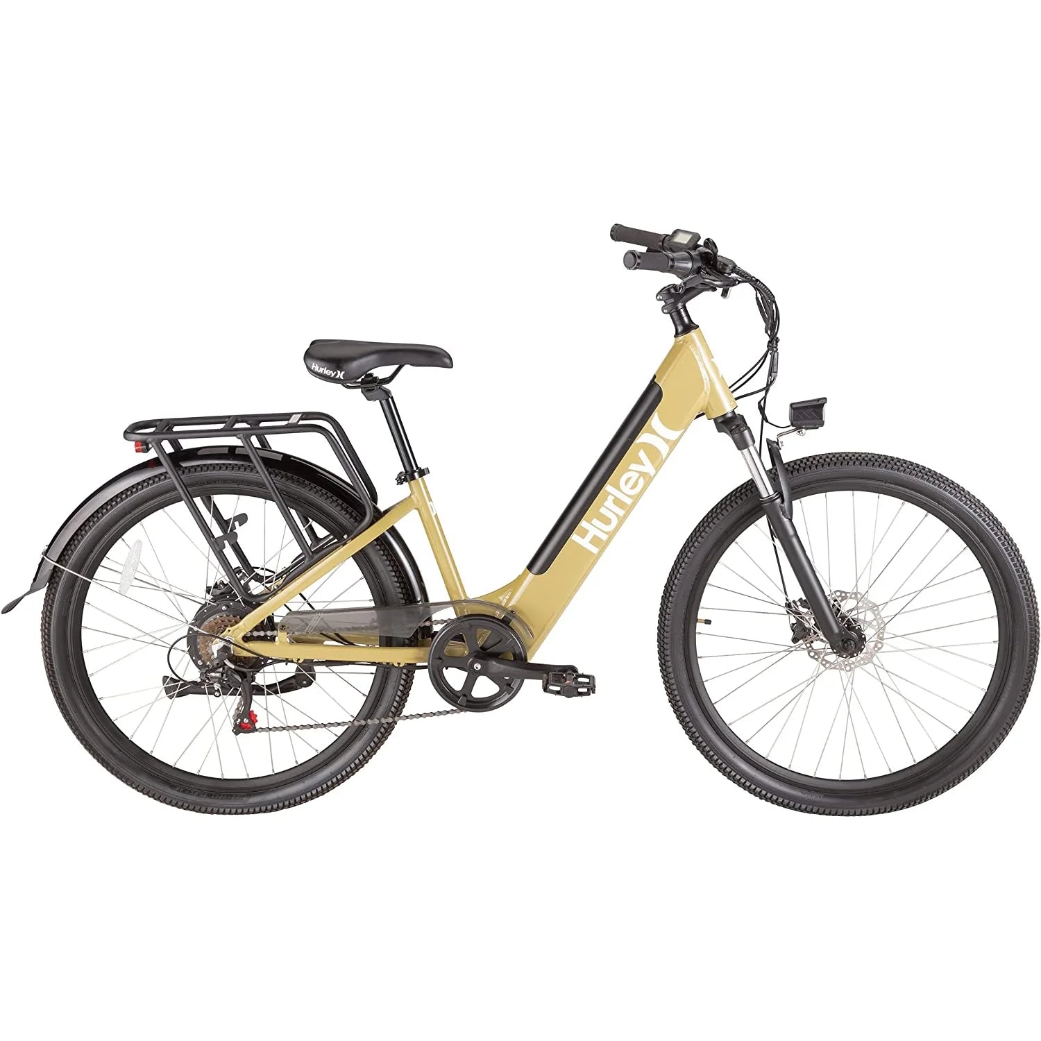 Pizza Bike 19" Electric Bike, 7-Speed, Rear Rack, Khaki (HE-20-KH-19)