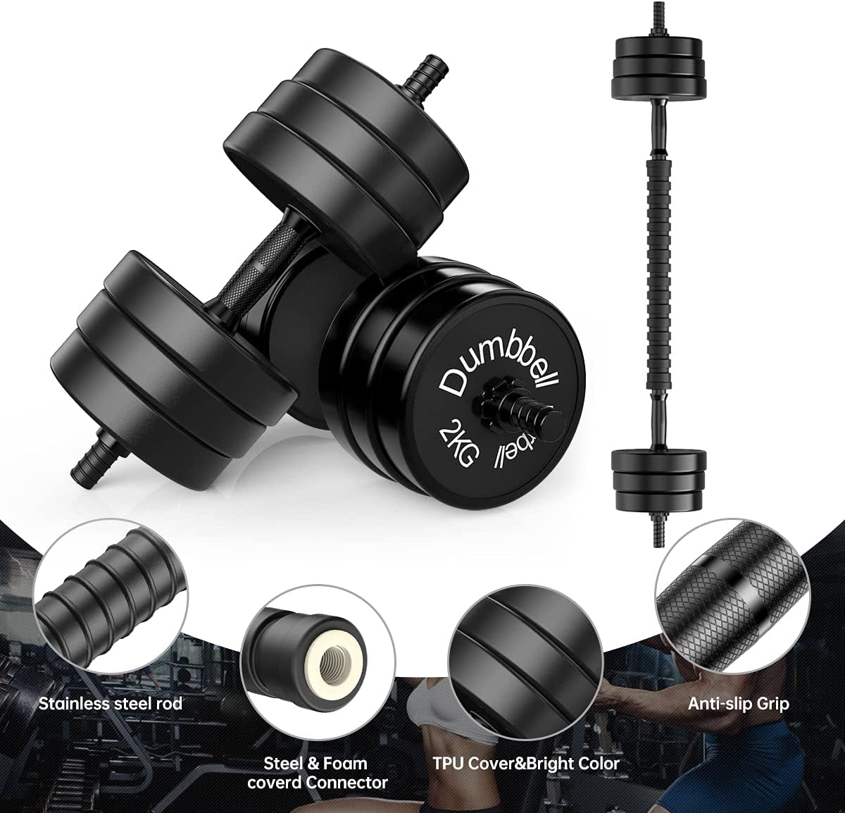 Adjustable Dumbbell Barbell 2 in 1, Neoprene Anti-Slip Handle, Easy Assembly and save Space, Workout Strength Training Fitness Weight Home Gym.