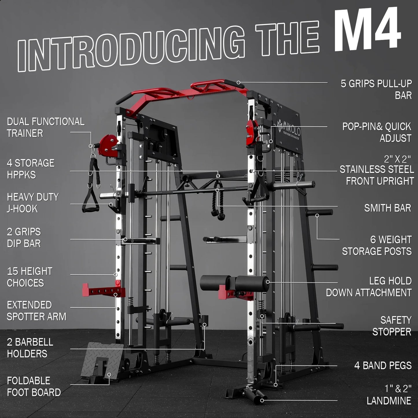 Smith Machine Home Gym, 2200 Lbs Power Rack Cage with Cable Crossover, Weight Bar, 360° Landmine, Barbell Holders and Other Attachments, Total Body Strength Training Cage