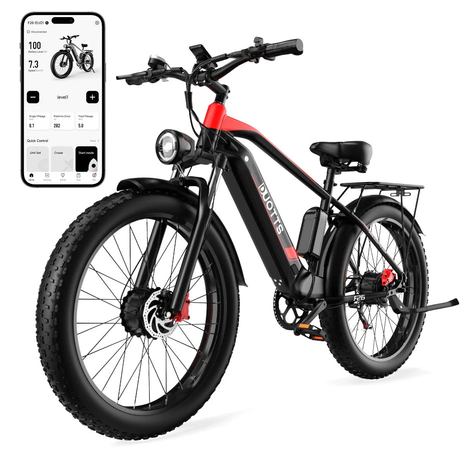 [EU DIRECT]  F26 Electric Bike 48V 20AH Samsungbattery 750W*2 Dual Motors 26*4.0Inch Fat Tires APP Support 50KM Max Mileage 150KG Max Load Electric Bicycle