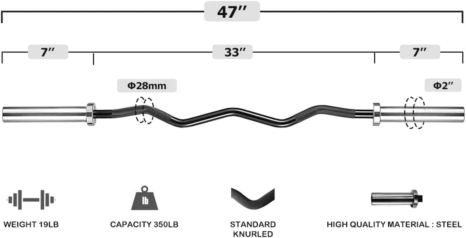 Olympic Barbell 47Inch-4Ft-350Lb /86Inch-7Ft-1500Lb EZ Curl Weight Bar, Capacity Chrome Barbells for Gym Home Strength Training,Weightlifting,Power Lifting