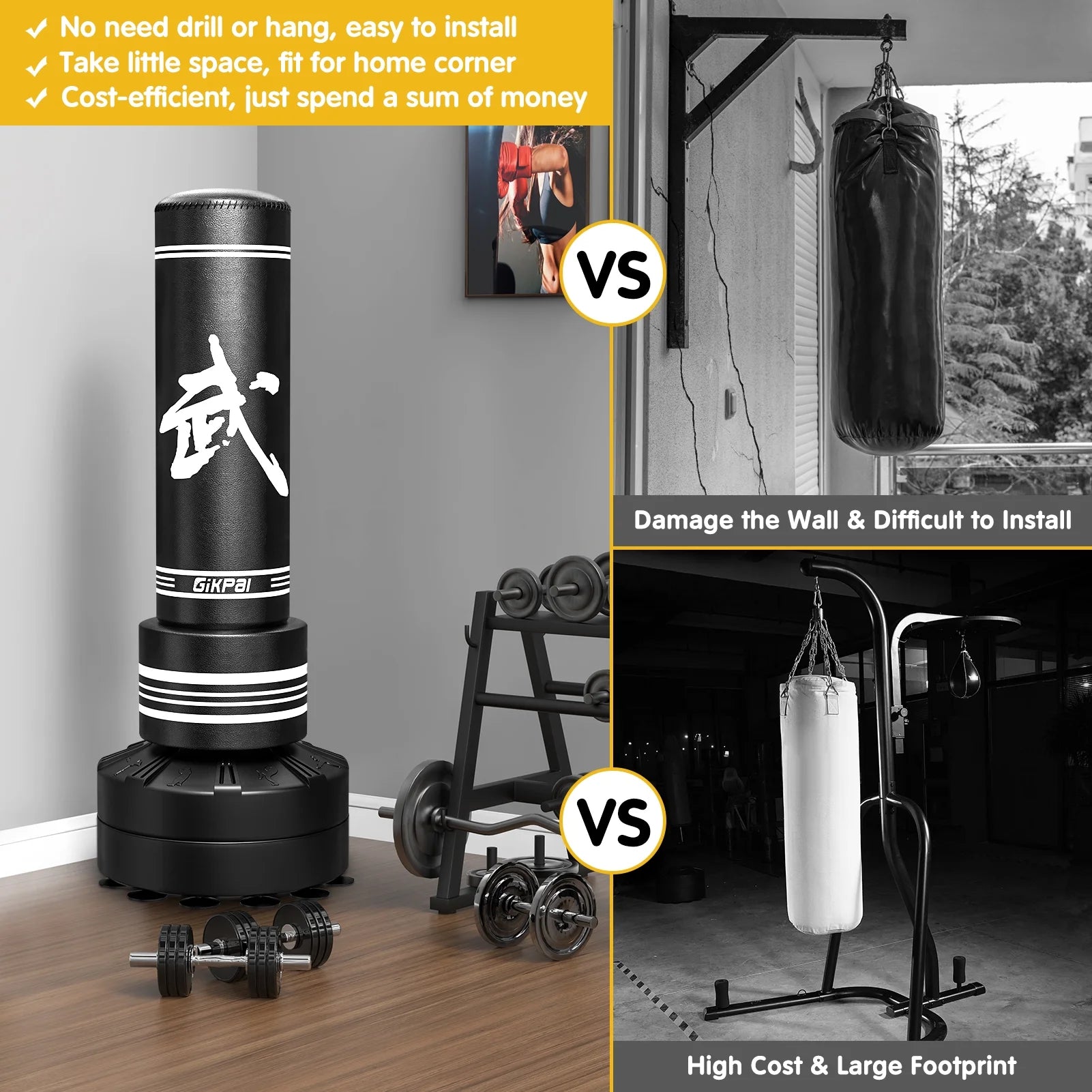 Freestanding Punching Bag 67''-180Lbs with Stand Kickboxing Bag with 2 Hand Warps for Adult Youth，Black