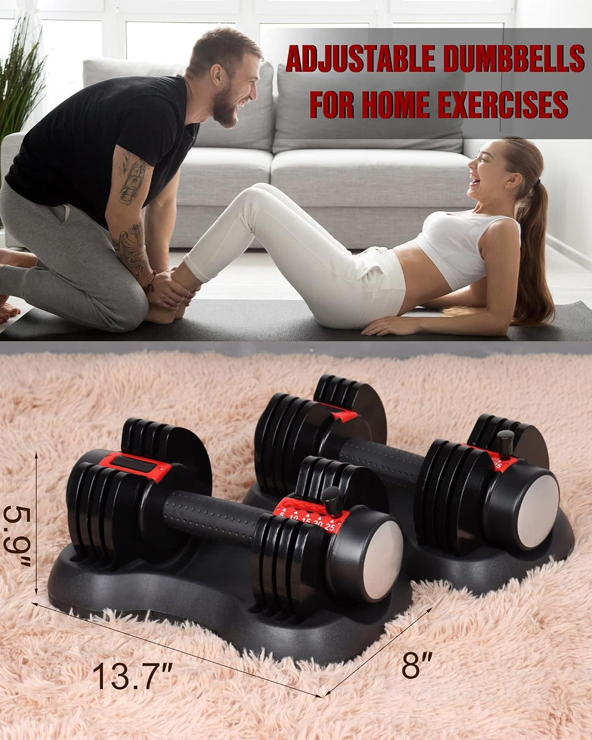 NW Adjustable Dumbbells,2X25 Lbs Weights Set Fast Adjust Dumbbell Weight for Exercises Pair Dumbbells for Men and Women in Home Gym Workout Equipment,Set of 2 Packages,Red