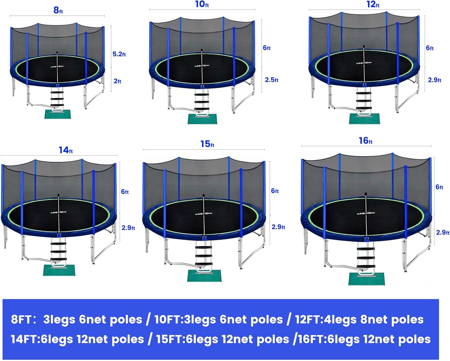 Trampolines No-Gap Design 1500 LBS Weight Capacity 16 15 14 12 10 8FT for Kids Children with Safety Enclosure Net Outdoor Backyards Large Recreational Trampoline