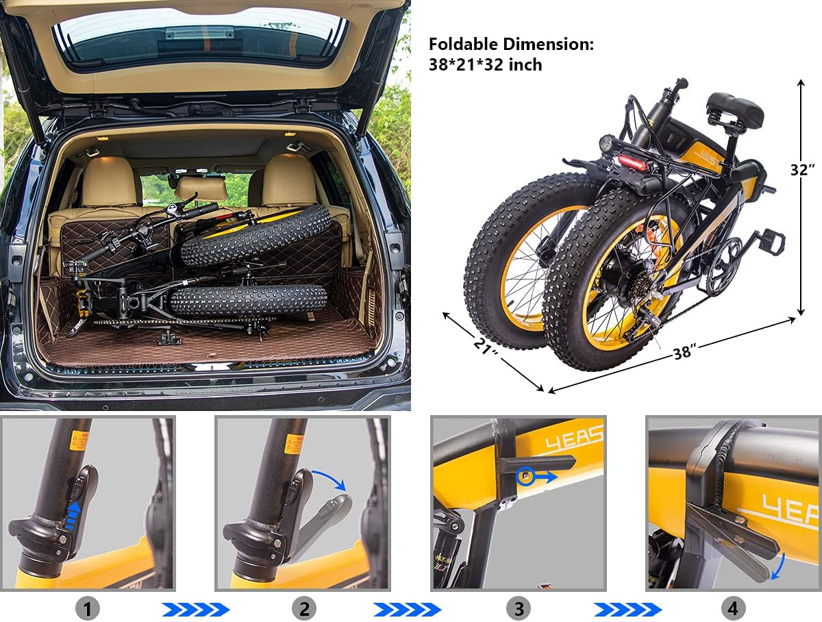 Leopard Folding Electric Bike 1000W Motor 48V/14Ah Removable Battery 20“ 4.0 Fat Tire Electric Bike Snow Beach Mountain Ebike for Adults Black Yellow