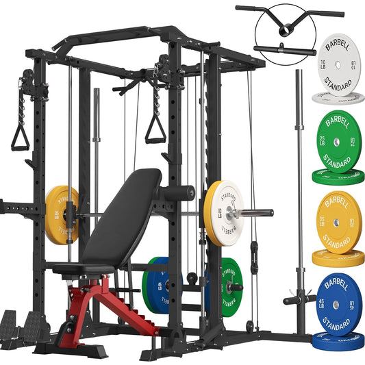 Smith Machine Home Gym, 2100Lbs Smith Rack with Cable Crossover, 800Lbs Weight Bench and 230 Lbs Weight Plate, Home Gym Equipment