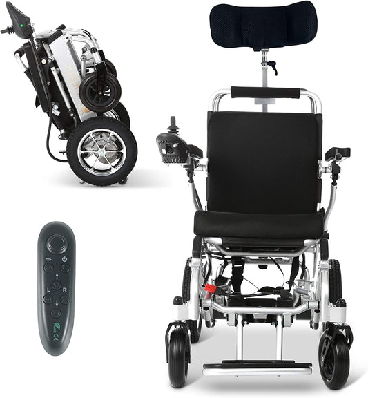 Majestic - 2022 Long Range Lightweight Electric Wheelchair - Remote Control Electric Wheelchairs Lightweight Foldable Motorized Power Wheel Chair Mobility Aid with Headrest (17.5" Seat Width)