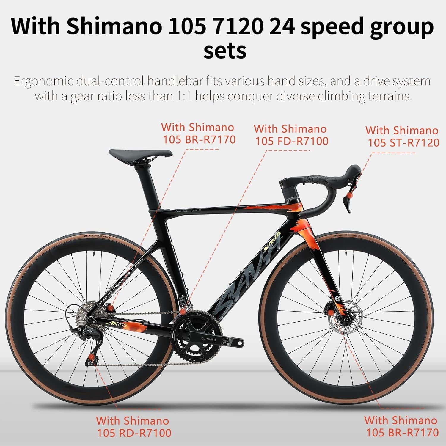 Carbon Fibre Road Bike, Hydraulic Oil Disc Bike with Carbon Fibre Frame and Wheelset, Lightweight Full Carbon Fibre Racing Bike with 105 R7120 24S Shift Set for Adults