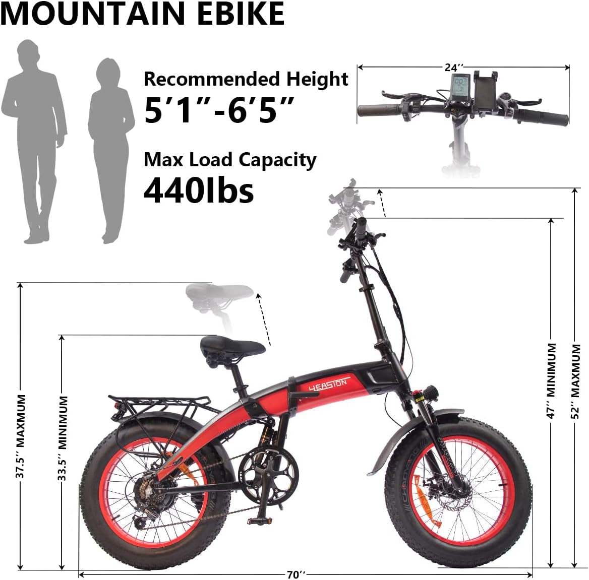 Leopard 1000W Fat Tire Electric Bike for Adults 48V/14Ah Removable Battery 20“ 4.0 Fat Tire Electric Bike Snow Beach Mountain Folding Ebike Black Red