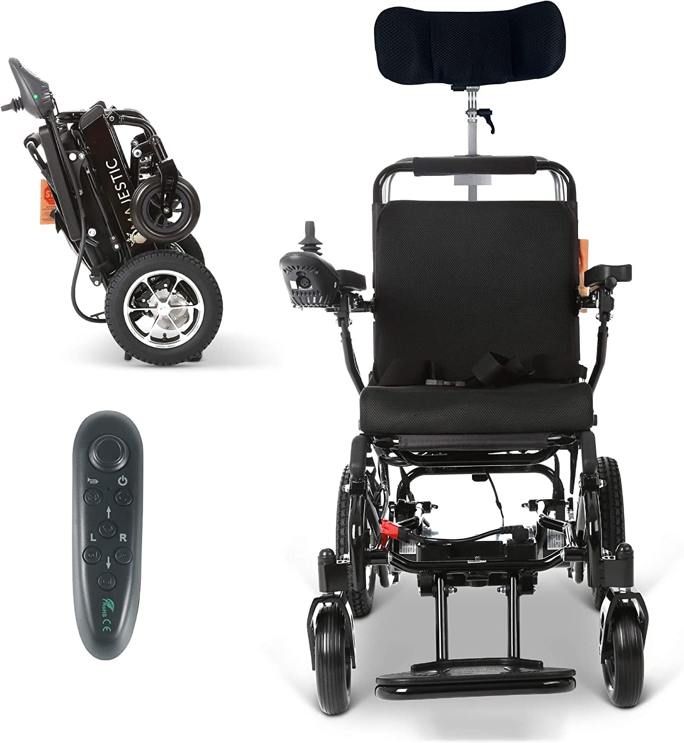 Majestic - 2022 Long Range Lightweight Electric Wheelchair - Remote Control Electric Wheelchairs Lightweight Foldable Motorized Power Wheel Chair Mobility Aid with Headrest (17.5" Seat Width)