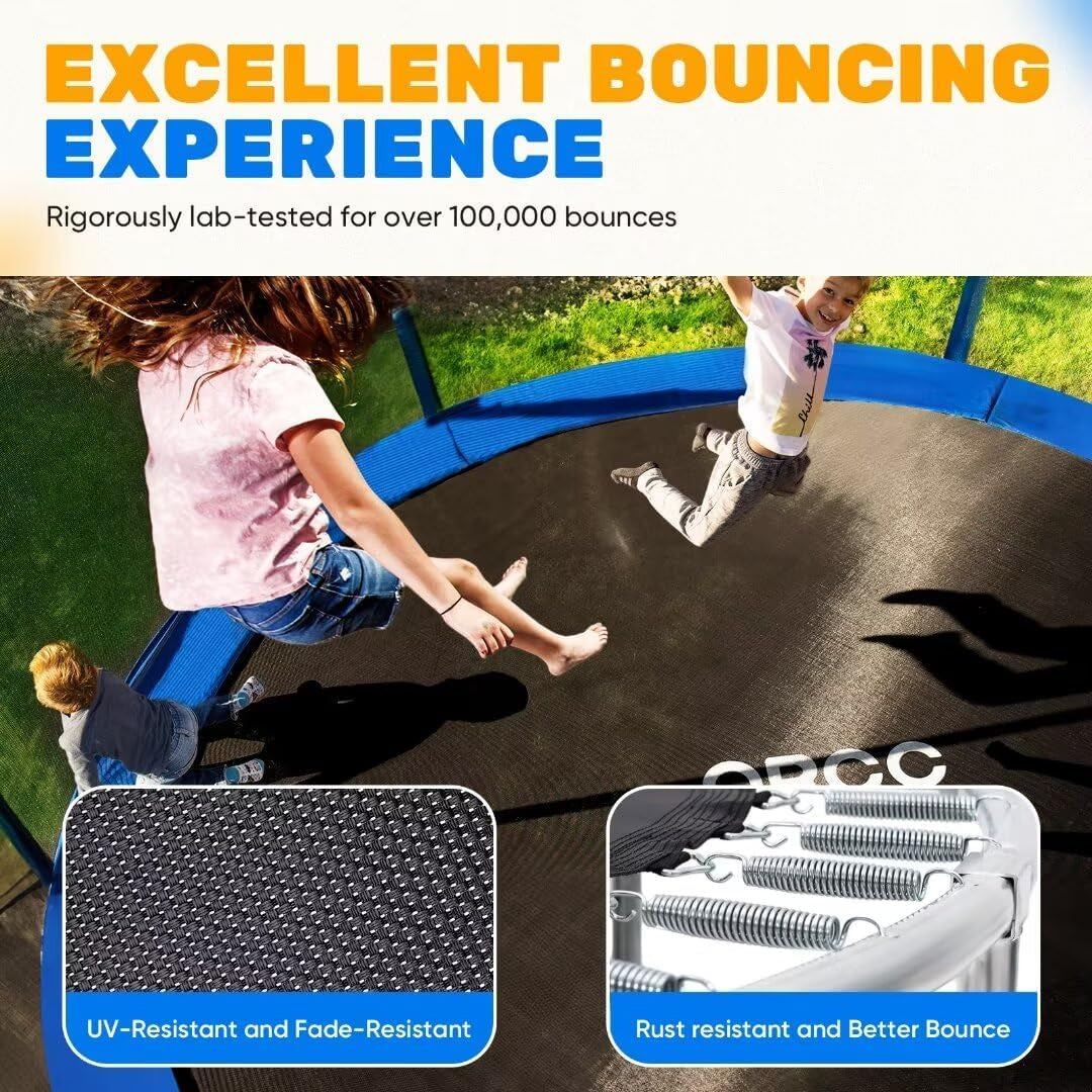 1200LBS Weight Capacity Trampoline 16 15 14 12 10 8FT with Basketball Hoop Water Sprinkler Spiral Ground Stakes Outdoor Yard Trampolines for Kids Adults