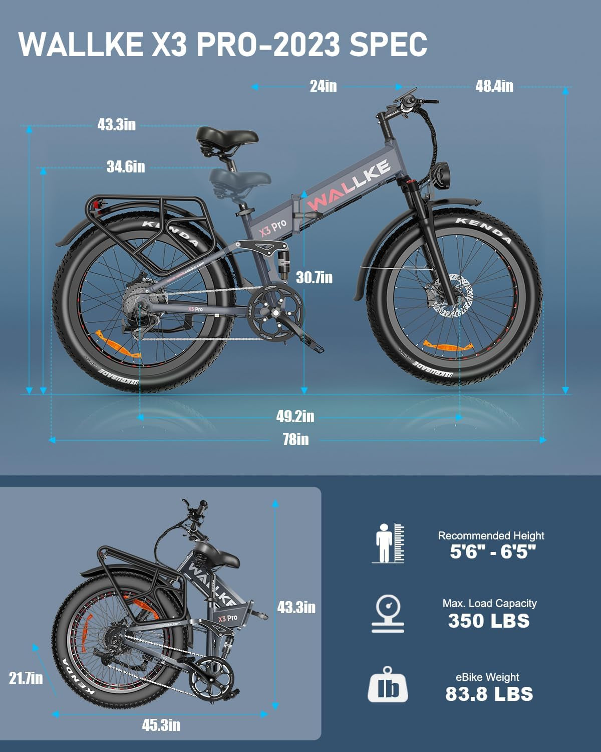 Wallke X3 Pro Fat Tire Electric Bike for Adults Folding 750W 32MPH Ebike 20AH 48V 26 Inch Electric Bicycle Full Suspension 8 Speed